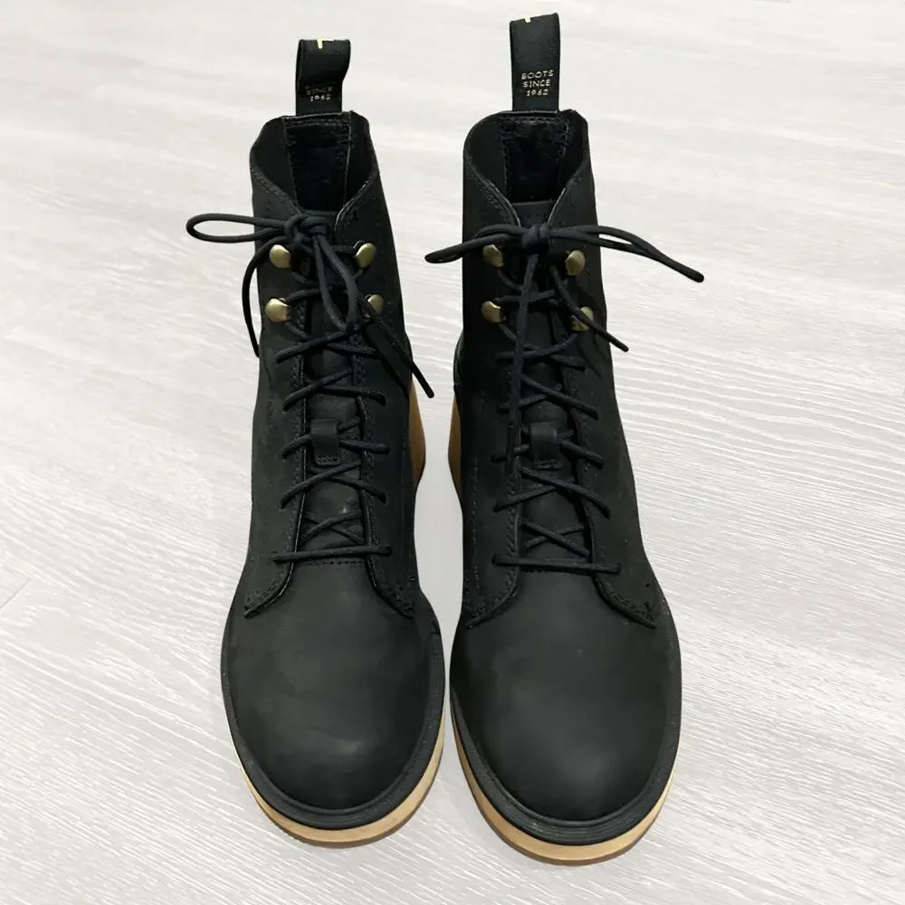 Sorel Hi-Line Heel Lace Boot Black Leather Lug Sole Block Heel Size 7.5 New NWOB